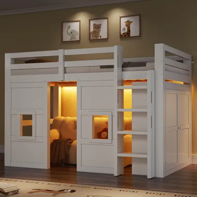 Productafbeelding van Hoogslaper 90x200 cm met kledingkast, 2 ramen, trap en LED-verlichting, houten kinderbed, speelbed met opbergruimte, wit