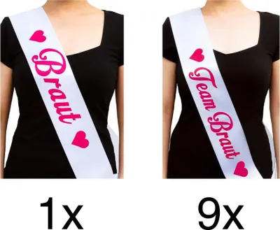 Produktbild von Oblique Unique Schärpe Braut + Team Braut Set JGA Hen Party Bride to be Herz weiß