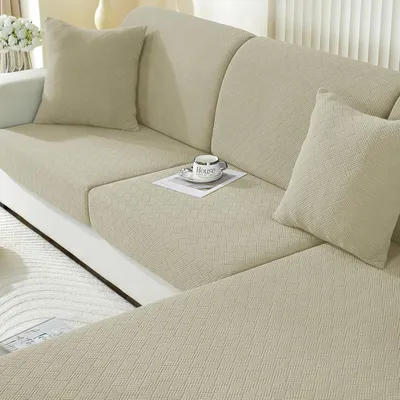 Productafbeelding van Elastische sofahoes voor zitkussens, geschikt voor L-vormige banken, set met 2 zitplaatsen en chaiselongue, khaki
