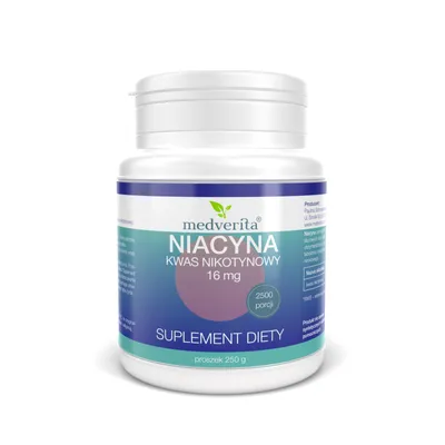 Produktbild von Medverita Niacin 16 mg als Nikotinsäure 250 g – Vitamin B3 Pulver mit Inulin, Nahrungsergänzungsmittel