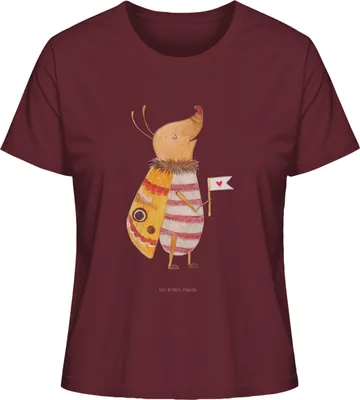 Produktbild von Mr. & Mrs. Panda Damen Oberteil Nachtfalter Fähnchen Größe S - Burgundy - Geschenk, Niedlich, Basic T-Shirt, Käfer, Spruch Witzig, Lustig, Shirt, Kurzarmshirt, Süß
