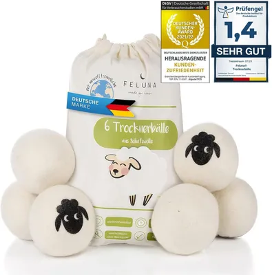 Produktbild von Set aus 6 Trocknerbällen, 100% Schafwolle, Wiederverwendbar, Chemiefrei, für Trockner