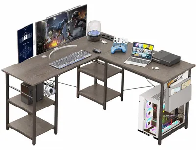 Produktbild von AIORBER L-Schreibtisch Eckschreibtisch Computertisch mit Steckdose USB Bürotisch mit Regalen & Seitentasche Gamertisch für Homeoffice Grau