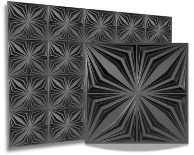 Two dark gray 3D wall panels with a geometric starburst pattern are displayed against a white background. One panel is larger and in the foreground, while a smaller panel is positioned behind and to the left.