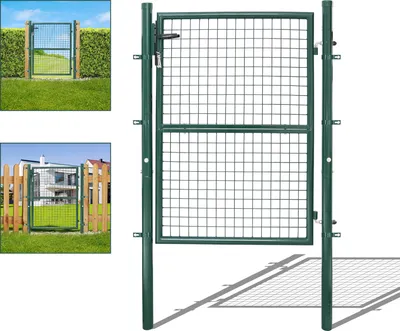 A collage of images showing a green metal garden gate in different settings, including a close-up of the gate and two lifestyle shots.