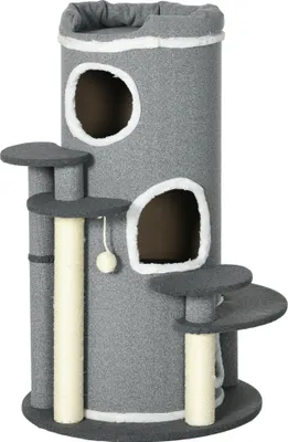 Produktbild von Katzen Kratztonne 99 cm Spieltonne mit Katzenbett, Spielball & Plattformen, Katzenmöbel, Grau,