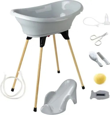 Obrázek produktu pro Sada dětských vaniček Thermobaby Vasco 9 v 1, Charme Grey, s vaničkou, stojanem, odtokovou hadičkou, teploměrem do vany a sedátkem Atoll