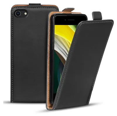 A black flip case for a smartphone is shown, with the phone partially visible inside.