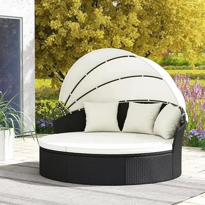 Produktbild von Sonneninsel Liegeinsel mit Kissens, faltbarem Sonnendach, Rattan Lounge Gartenmuschel Outdoor, Sonnenliege Gartenliege Set rund ?187 cm für 2-3 Personen, Gartenlounge Terrassenmöbel (Weiß)