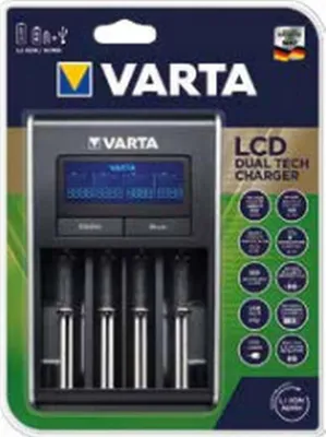 The image shows the retail packaging of a VARTA battery charger.