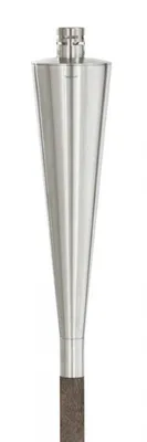 A stainless steel garden torch with a wooden stake.