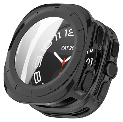 A black protective case for a smartwatch is shown from a diagonal angle.
