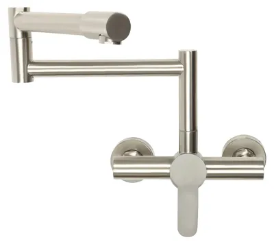 Produktbild von Küchenarmatur - Wandmontierte Einhebelarmatur - 360° schwenkbar - Keramikkartusche - Messing und Edelstahl 304 - G1/2-Anschluss - Silber poliert