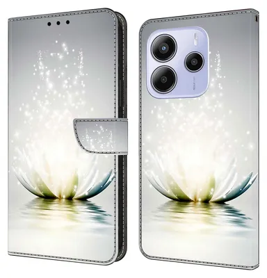 Produktbild von CLM-Tech Handyhülle kompatibel mit Xiaomi Redmi Note 14 4G Hülle - Tasche aus Kunstleder - Klapphülle mit Ständer und Kartenfächern - Schutzhülle Wallet Case Cover Lotus Lampe