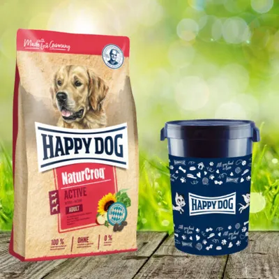Produktbild von Happy Dog Premium Natur Croq Aktive 15 kg + Happy Dog Futtertonne 43 Liter geschenkt