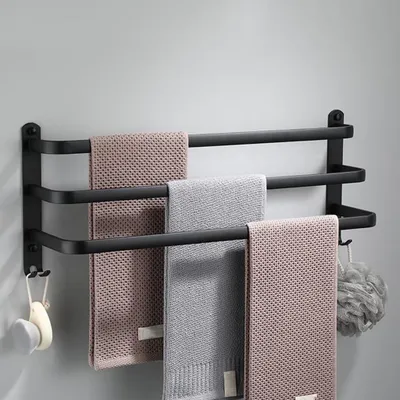 Produktbild von Schwarze 60cm Aluminium Handtuchhalter mit 2 Haken für Bad und Küche