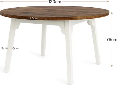 A round dining table with a wooden top and white legs, shown from a slightly elevated angle with dimensions indicated.