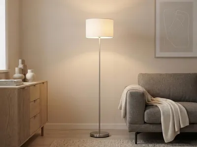 Produktbild von Designklassiker Stehlampe mit Stoffschirm Weiß & E27 LED, Höhe 160cm