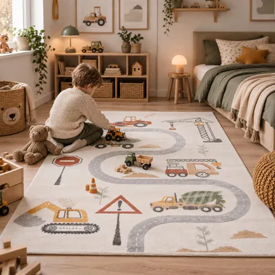 Produktbild von Kinder Teppich Maui Kids Baustelle Bagger Kran Fahrzeuge, Größe:120x170 cm, KI-generiertes Bild