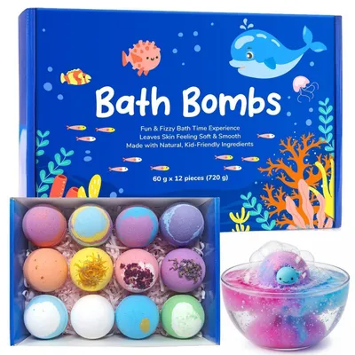 Immagine prodotto di Set regalo di bombe da bagno per bambini, 12 pezzi, con sorprese nascoste, estratti naturali di piante, tema marino