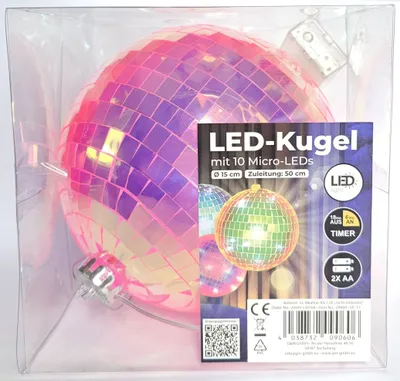 Produktbild von LED Kugel Lichterkette Batterie Discokugel 6 Stunden Timer 15cm pink irisierend