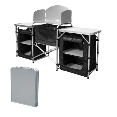 Produktbild von Jopassy Campingküche  Küchenbox Windschutz Alu Spritzschutz Faltschrank Camping  ca. (L) 164.5 cm x (B) 52 cm x (H) 104 cm-Drei Desktops