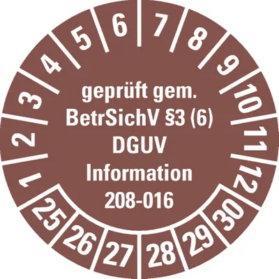 Produktbild von Dreifke® Prüfplakette  gemäß BetrSichV §3(6), DGUV, 25-30, braun, Foli...