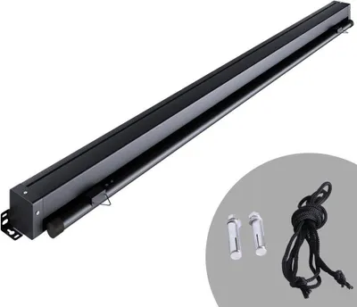 A black retractable awning is shown against a white background, with some accessories in a gray circle at the bottom right.