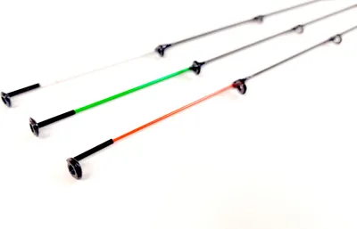 Four fishing rods of different colors are laid out diagonally on a white background.