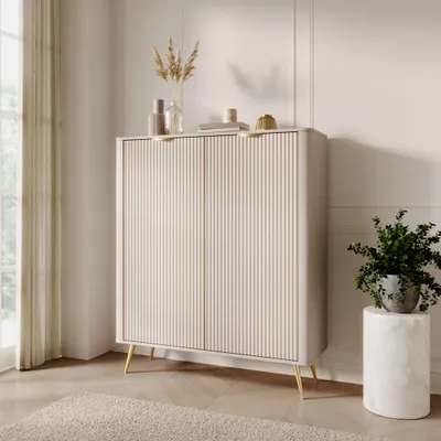 Produktbild von Highboard Kommode Lante 2D 113 cm – Beige / Kaschmir – Geriffelte Fronten &amp; Runde Ecken
