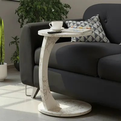 Produktbild von Carenza Home Beistelltisch C-Form Marmor Creme, Sofatisch mit Rollen,  Couchtisch rund Marmoroptik, Laptoptisch Couch, 56 x  38 cm