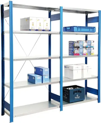 Produktbild von Fachbodenregal FALKE | Medium-Duty | Anbauregal | HxBxT 200x129x60cm | 5 Ebenen | Fachlast 250kg | Einseitig nutzbar | Rahmen Enzianblau