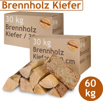 Obrázek produktu pro Borovicové palivové dřevo Palivové dřevo 60 kg dřeva Pro kamna a krb Ohnivá mísa Gril Palivové dřevo 30 cm polena Dřevo sušené v peci Flameup