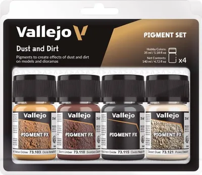 Image de Vallejo Pigment FX Set de pigments effets poussière et saleté. Kit de 4 pigments synthétiques de 35 ml avec un tutoriel pour simuler des effets de poussière, de saleté et de boue sur des maquettes et des dioramas.