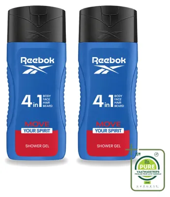 Image de 2 flacons de gel douche Reebok Move Your Spirit, format 4-en-1, 400 ml chacun - Pack économique - 2 pièces