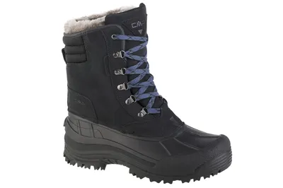 A single black snow boot with blue laces and grey fur lining, shown against a white background.