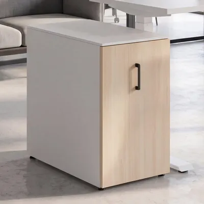 Image de Armoire de classement HWC-Q27, armoire de bureau en acier, avec roulettes, compartiments de rangement, métal, dimensions : 74 x 43 x 80 cm, couleur : blanc, façade en bois