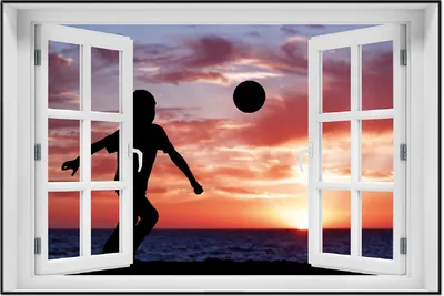 Produktbild von Wallario Wandbild mit Fenster-Illusion: Fußball - Kleiner Junge spielt im Abendrot, Größe: 61 x 91,5 cm, Poster mit schwarzem Aluminiumrahmen
