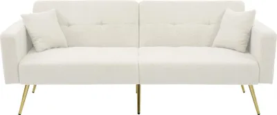 Zdjęcie produktu dla Sofa rozkładana Sweiko z funkcją spania, regulowanym kątem nachylenia, złotymi nóżkami, poduszkami i bocznymi kieszeniami do przechowywania