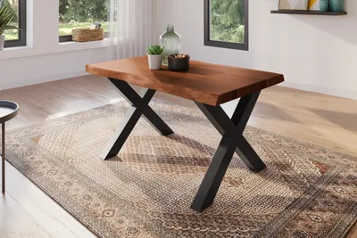 Produktbild von Esstisch 140 x 80 cm Akazie massiv nussbaum Baumkantentisch X-Gestell schwarz ATLAS