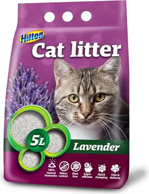 A bag of Hilton Cat Litter with a lavender scent, featuring a cat's face and lavender sprigs.