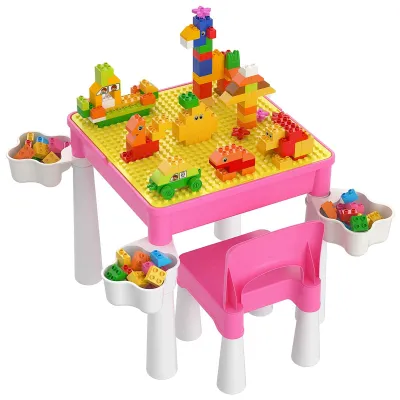 Imagen del producto de Juego de mesa y silla para niños, mesa de actividades rosa con un juego de construcción de 128 piezas, a partir de 2 años, ideal para