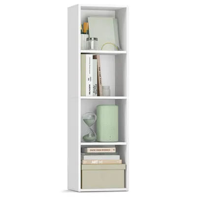 A white, four-shelf bookcase filled with various items.