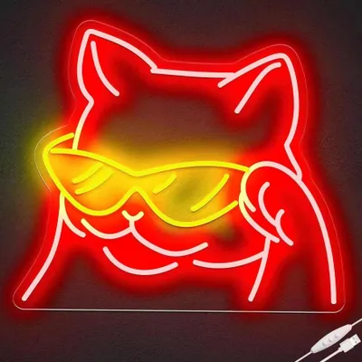 Zdjęcie produktu dla Lampka NEON LED, dekoracyjna lampka ścienna, kot w okularach przeciwsłonecznych, czerwono-żółta, ok. 35 x 32 x 2 cm