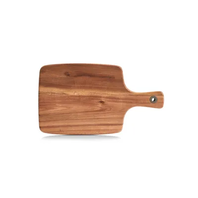 A wooden cutting board with a handle on a white background.