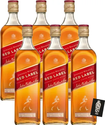 A group of Johnnie Walker Red Label whisky bottles arranged in a grid.