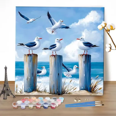 Obrázok produktu pre Obraz podľa čísel pre dospelých, motív: čajky, rozmer 40x40 cm, plátno, akrylové farby a štetce