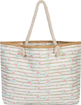 Produktbild von styleBREAKER Damen XXL Strandtasche mit Streifen und Melone Früchte Print, Reißverschluss, Schultertasche, Shopper 02012287