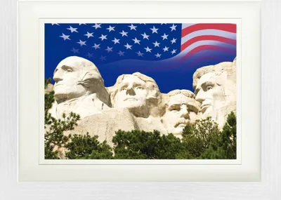 Obrázek produktu pro USA Zarámovaný obraz s paspartou | Wall Art | V rámu - Mount Rushmore National Memorial, Vlajka USA (30 x 40 cm)