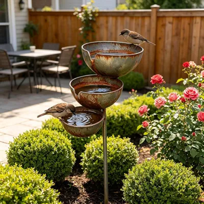 Produktbild von Stehende Vogeltränke für Garten und Außenbereich, frostsicheres 3-in-1-Metallbecken mit Wasser- und Futterschale für Vögel, winterfestes Vogelbad zum Baden